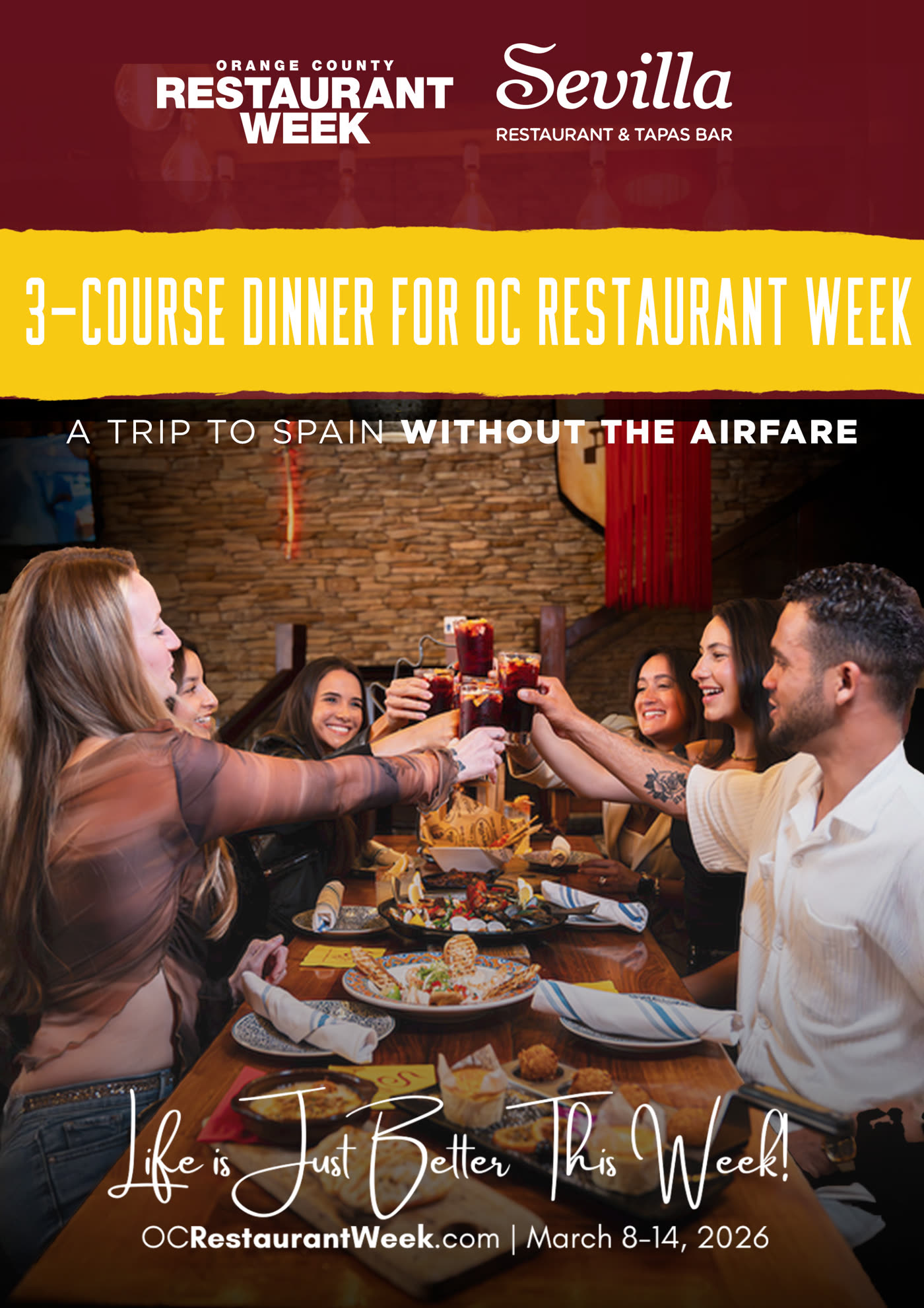 OC Restaurant Week: friends toasting sangria over paella and tapas.