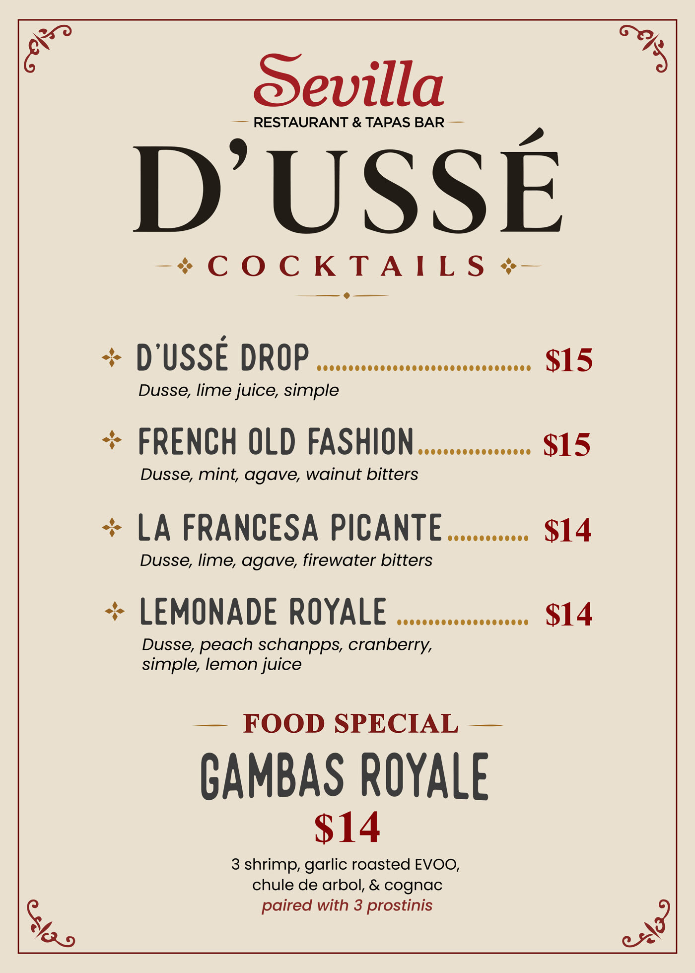 D’USSÉ cocktail menu card, paired with a Gambas Royale special.