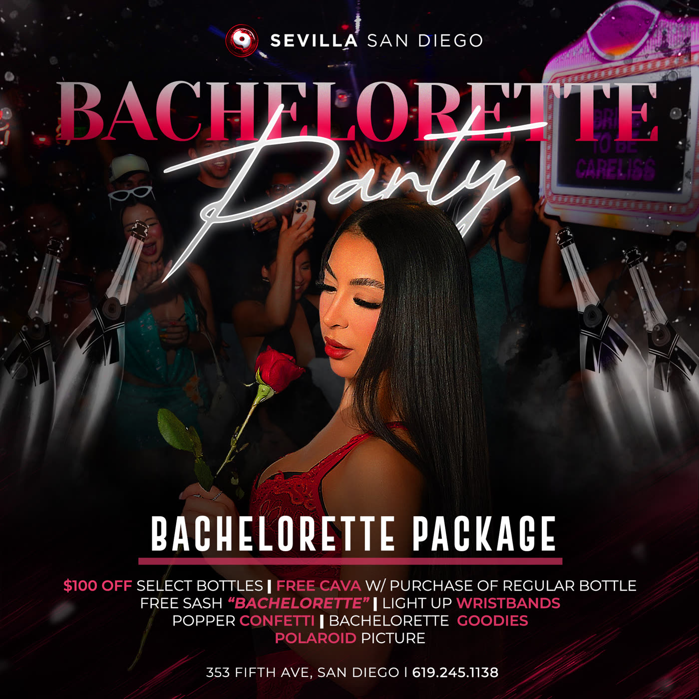 Bachelorette package: sash, wristbands, Polaroid perks.