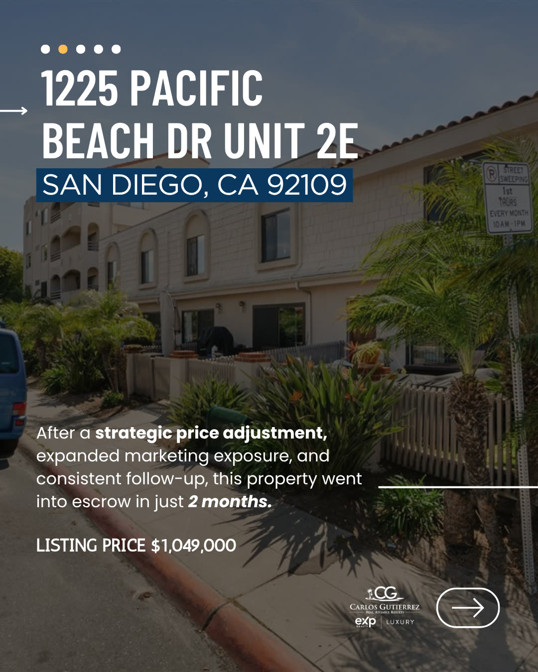 1225 Pacific Beach Dr at $1,049,000, into escrow after a strategic price adjustment.