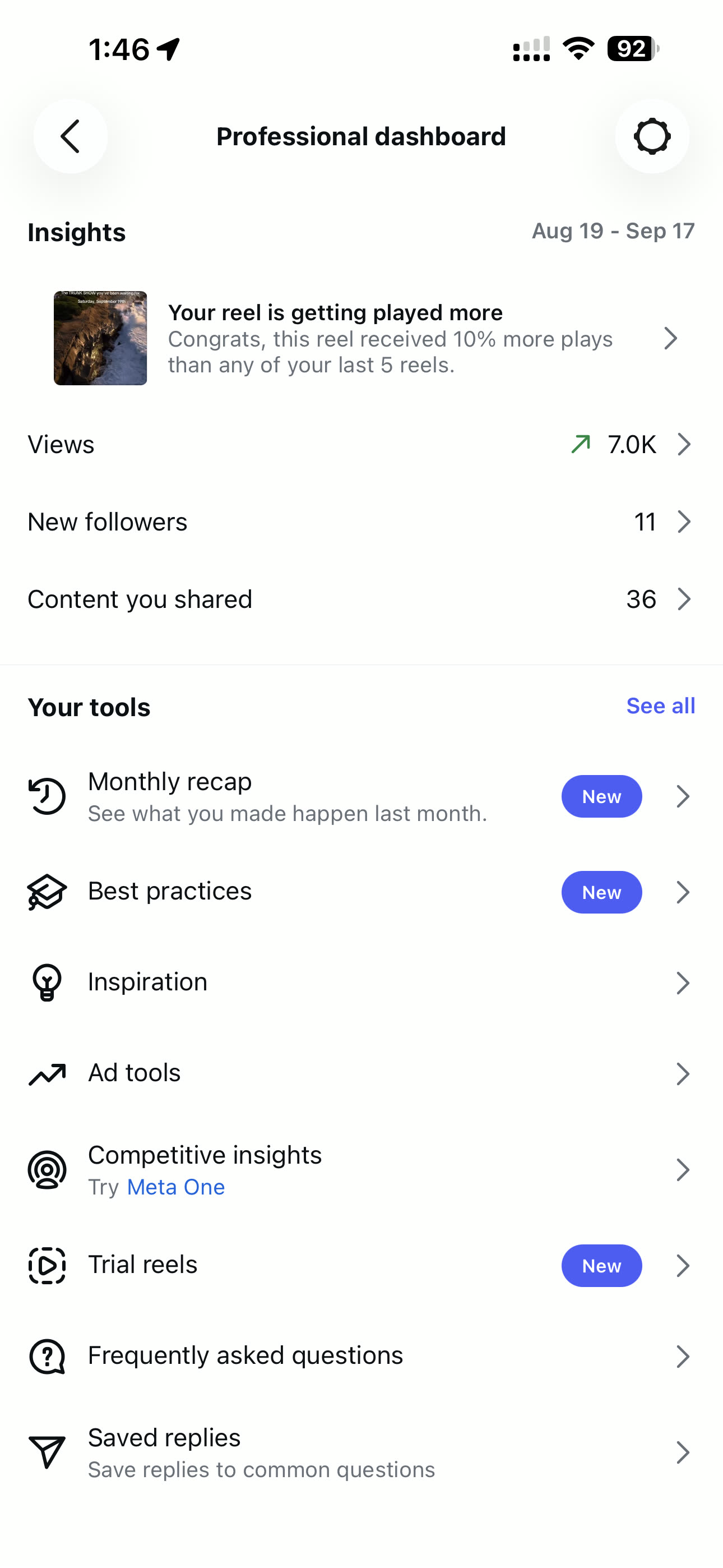 Monthly dashboard: 7K views, 11 new followers, 36 pieces of content shared.